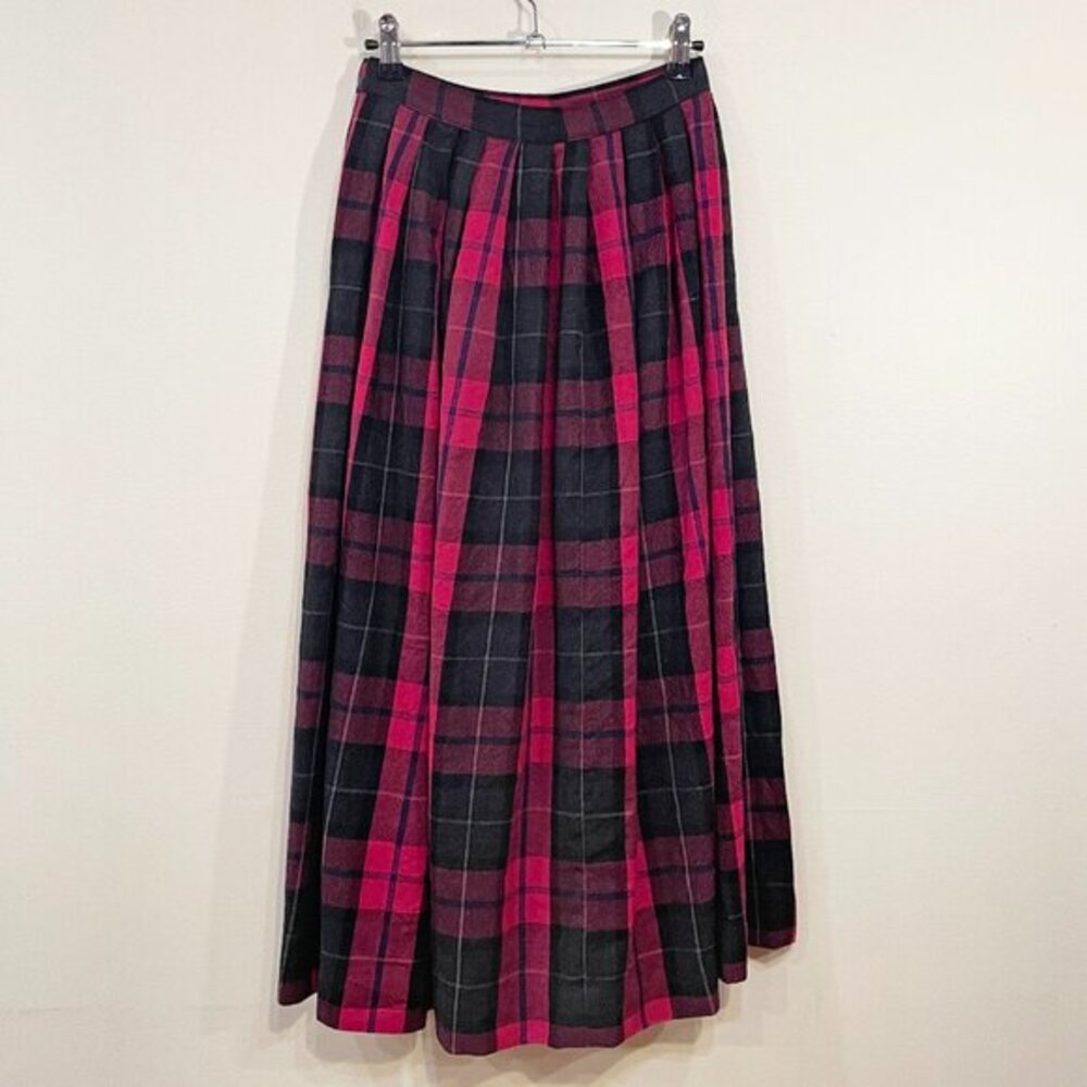 EUC Vintage Wool Plaid Pleated Midi Skirt Pink Charcoal Talbots tag 4, 0/XS fit